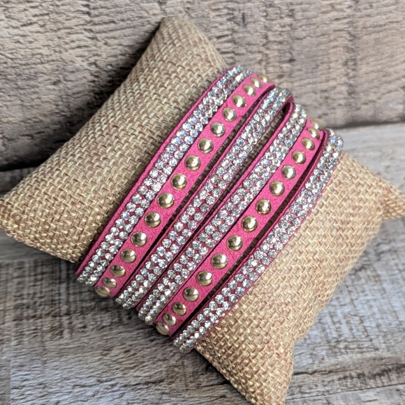 B01 Pink and Gold Studded Wrap Bracelet Rhinestone Double Adjustable S-M-L NEW - Picture 3 of 8
